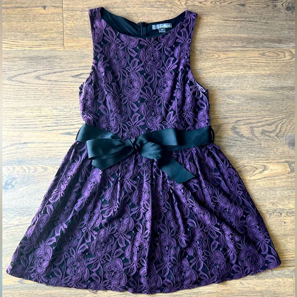 Forever 21, Dark Purple Lace Dress with Black Bow Belt, Large, Above Knee Length